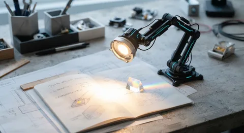 Articulated crane-shaped desk lamp shining warm light on papers