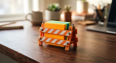Miniature orange and white roadblock holding neon sticky notes