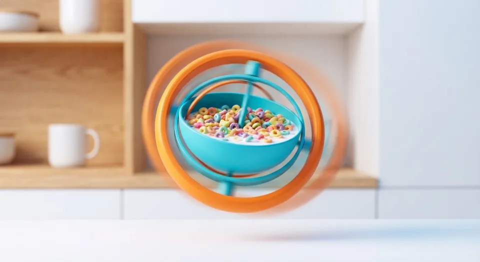 Orange and blue gyroscopic bowl full of cereal, tilted without spilling