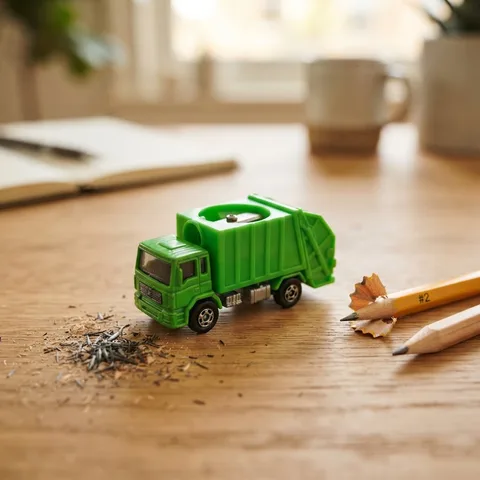 Miniature green garbage truck pencil sharpener on a wooden desk