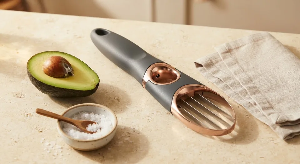 Avocado slicer with thumb guard next to a halved avocado