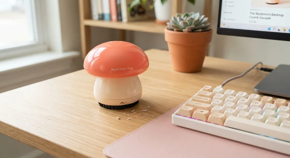 Coral mushroom-shaped mini vacuum on a wooden desk next to a keyboard