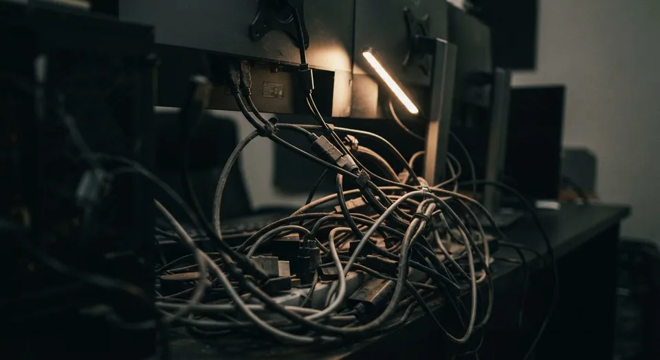 A tangle of dusty cables under a desk