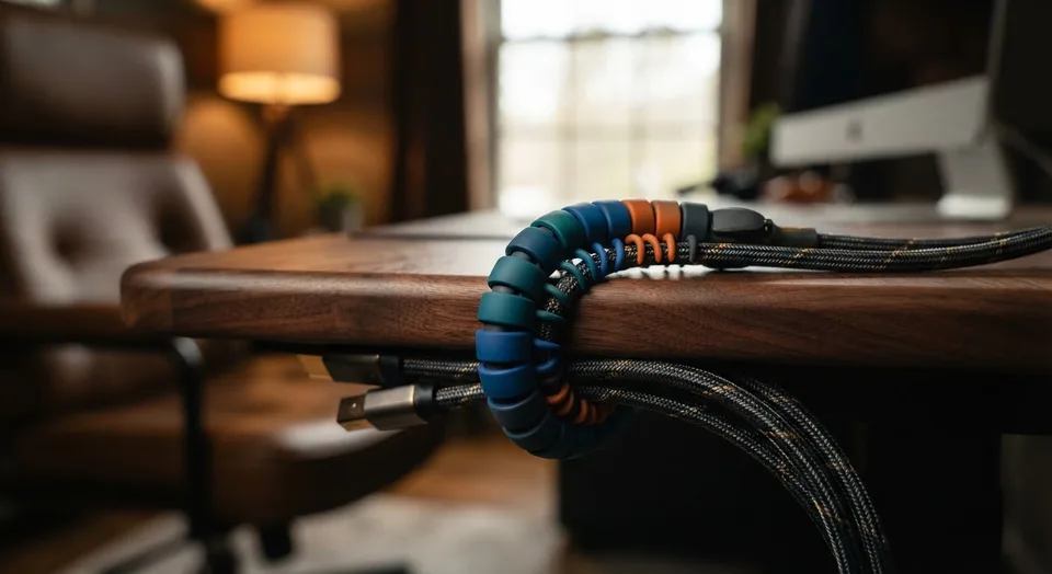Colourful silicone centipede cable organiser holding cords on a desk edge