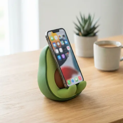 Avocado-shaped phone stand holding a phone on a wooden desk
