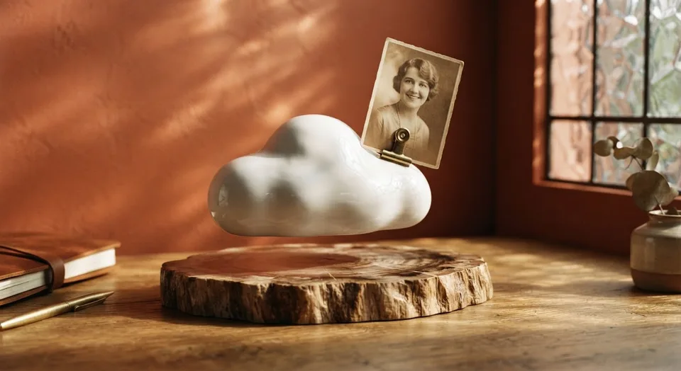 White ceramic cloud memo clip floating above a wooden base