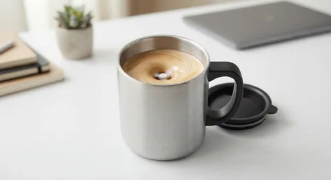 Stainless steel self-stirring mug with a coffee whirlpool