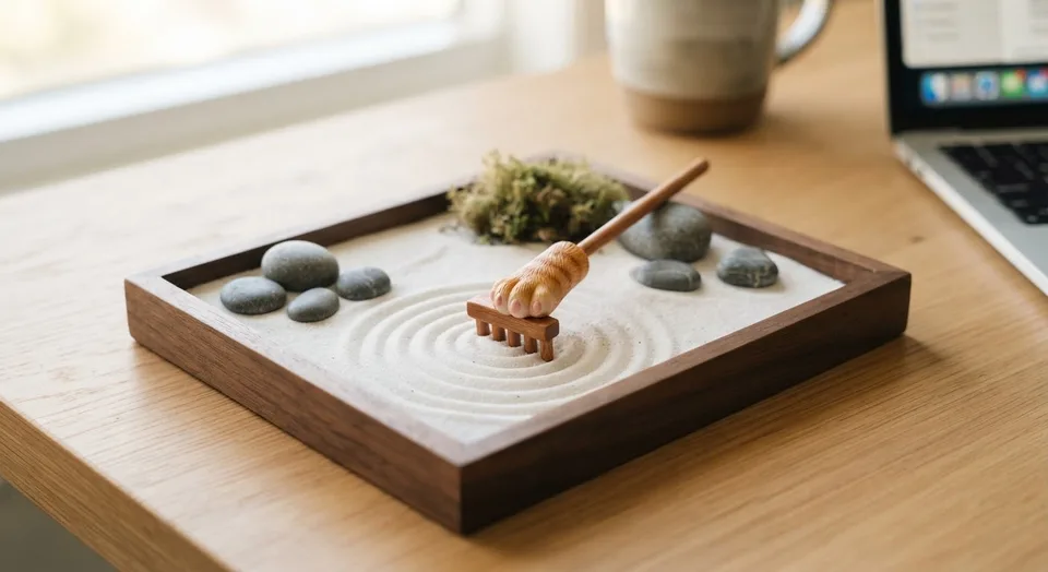 Miniature sand garden tray with stones, moss and a small wooden rake