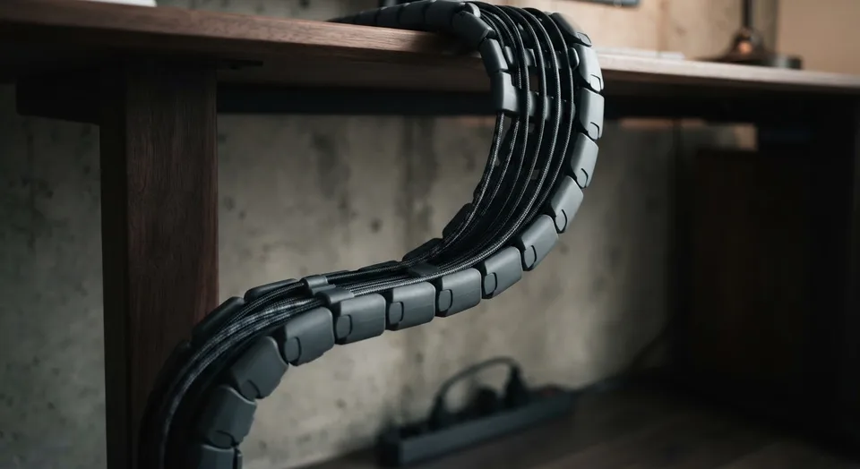 Black silicone cable spine routing cords neatly down a desk