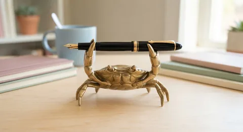 Polished brass crab-shaped pen holder holding a fountain pen