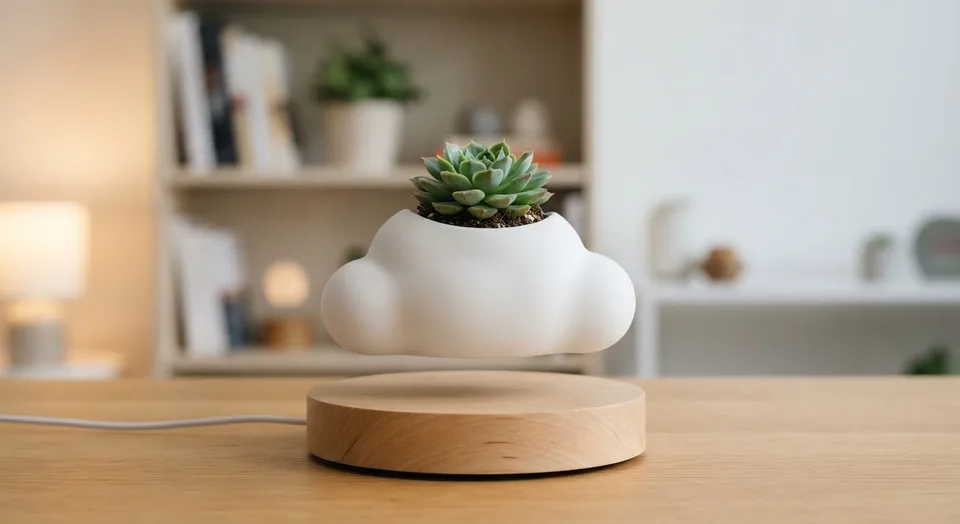 White cloud-shaped planter floating above a wooden base